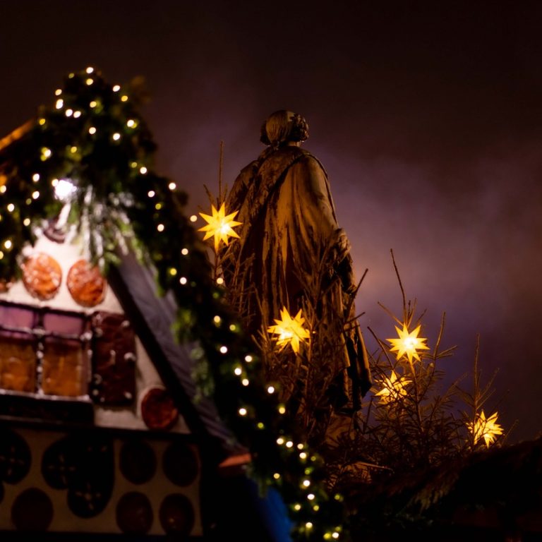 "Der Markgraf und der Weihnachtsmarkt an einem November-Abend. Ich habe das Bild gewählt, weil ich es schön finde, wie sehr sich der Erlanger Weihnachtsmarkt in den letzten Jahrzehnten gemausert hat und weil der im Hintergrund sichtbare Nebel dem Bild Atmosphäre verleiht."