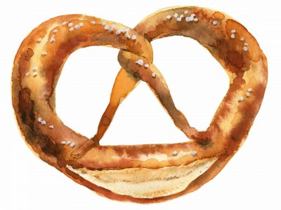Watercolor illustration of tasty pretzel isolated on the white background. Brezel